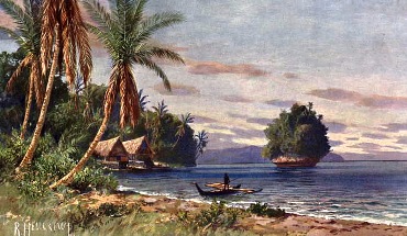 Featured is a painting of the island nation of Palau, circa 1908, painted by German artist, Rudolf Hellgrewe.